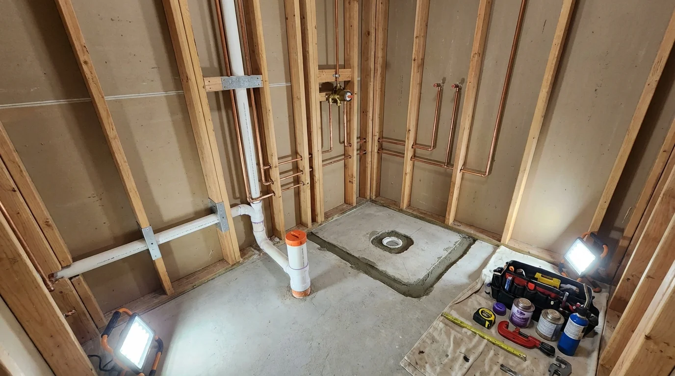 Bathroom rough-in plumbing during remodel by Johns Plumbing LLC in Belle Rose
