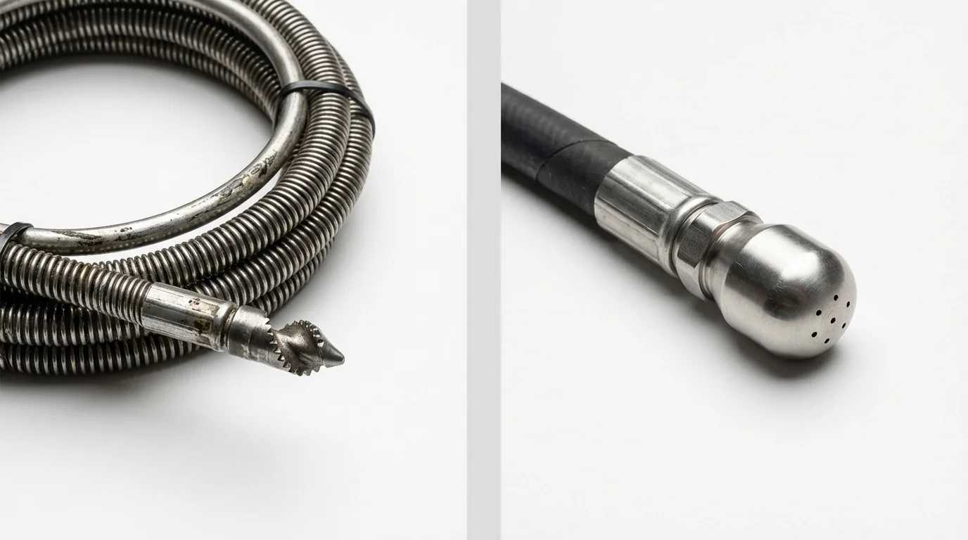 Drain snake cable and hydro jetting nozzle used for drain cleaning in Belle Rose, LA