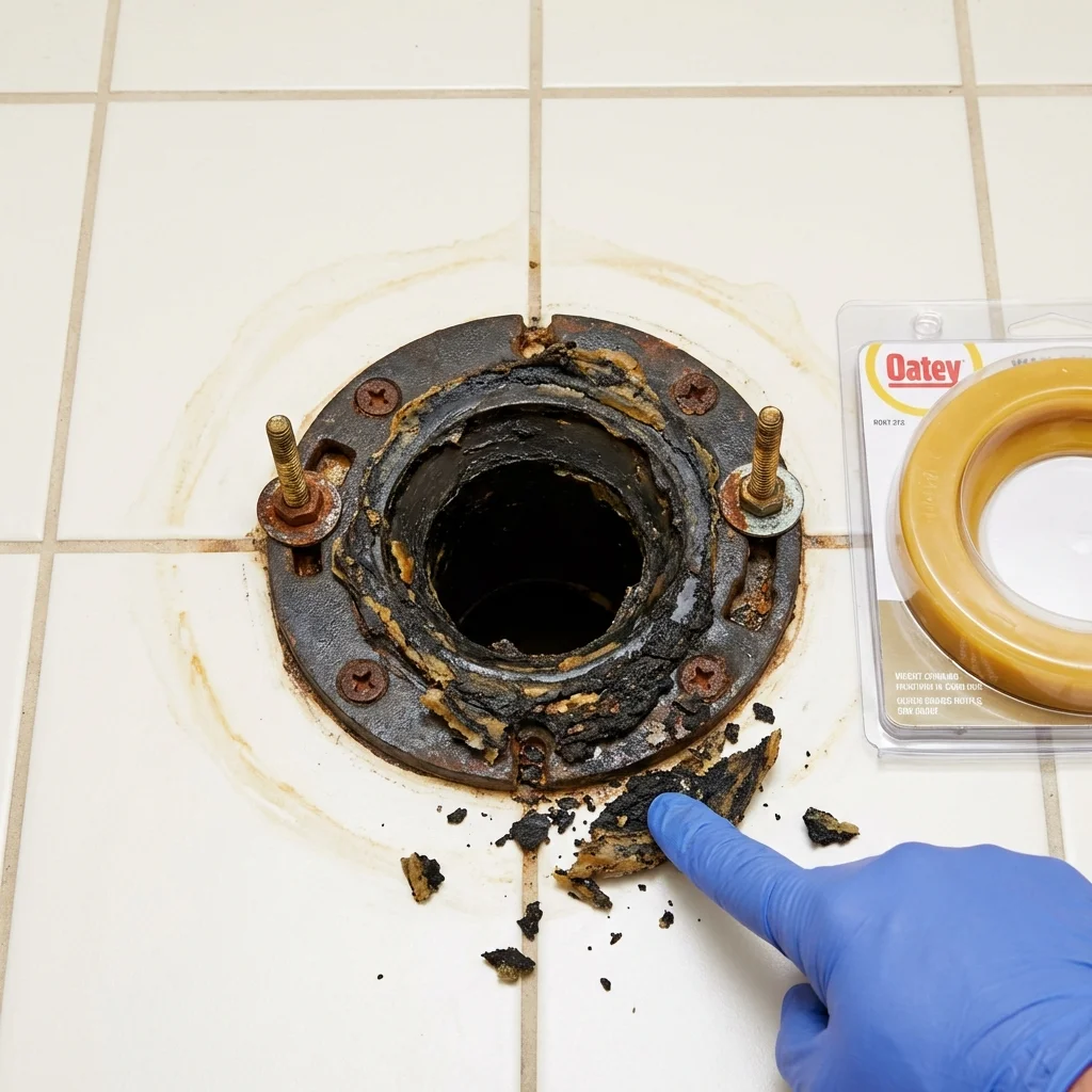 Failed wax ring showing water seepage at the base of a toilet in a Belle Rose, LA home