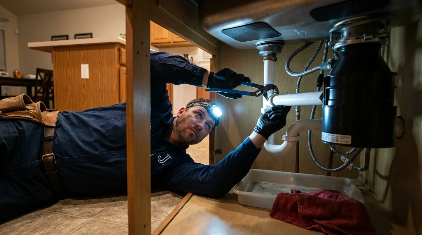 P-trap and supply line connections under a kitchen sink showing a common leak point in Belle Rose, LA